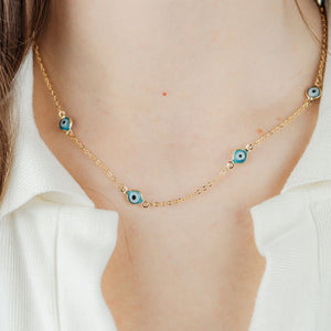 Evil Eye Gold and Silver Charm Protection Turkish Eye Blue Bead Choker Necklace (Close-up Detail) | The Colourful Aura