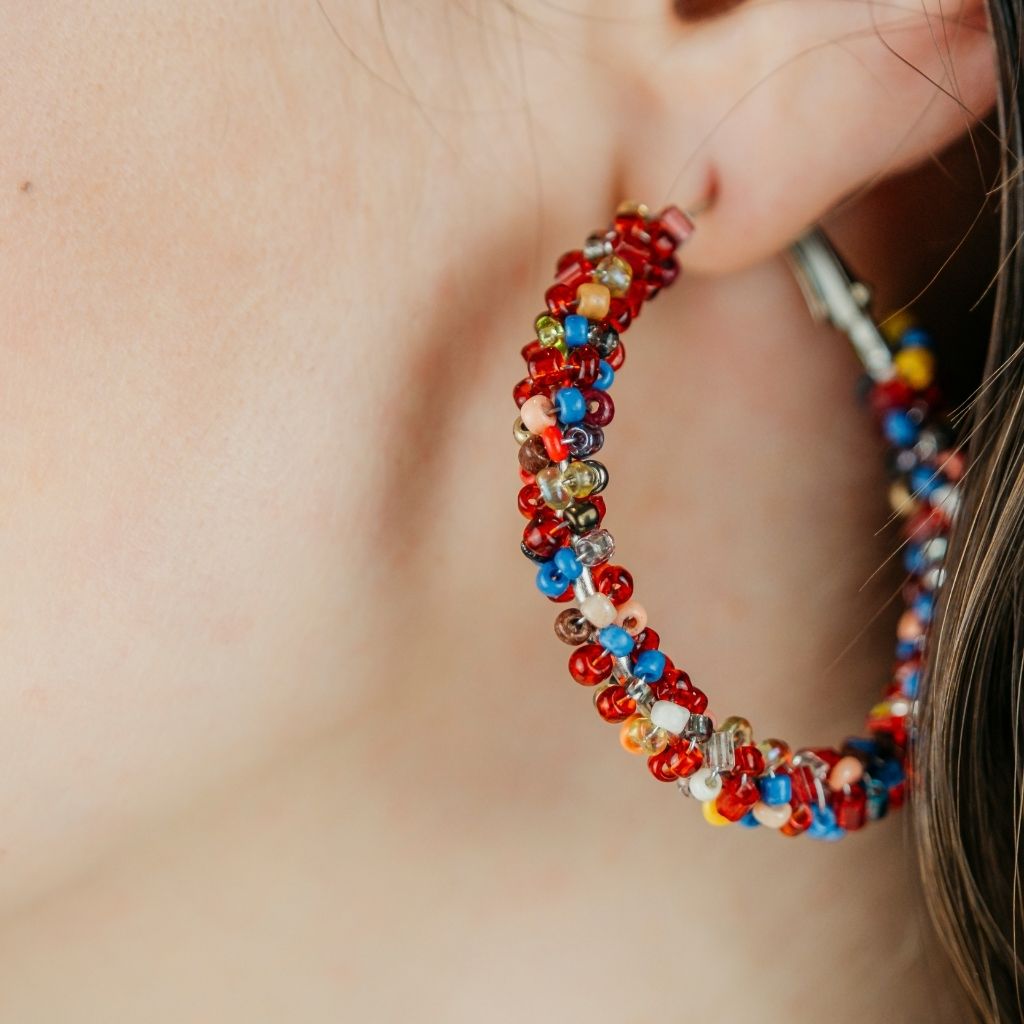 Large Multicolour Bead Braided Summer Dainty Boho Huggie Asian Hoop Earrings
