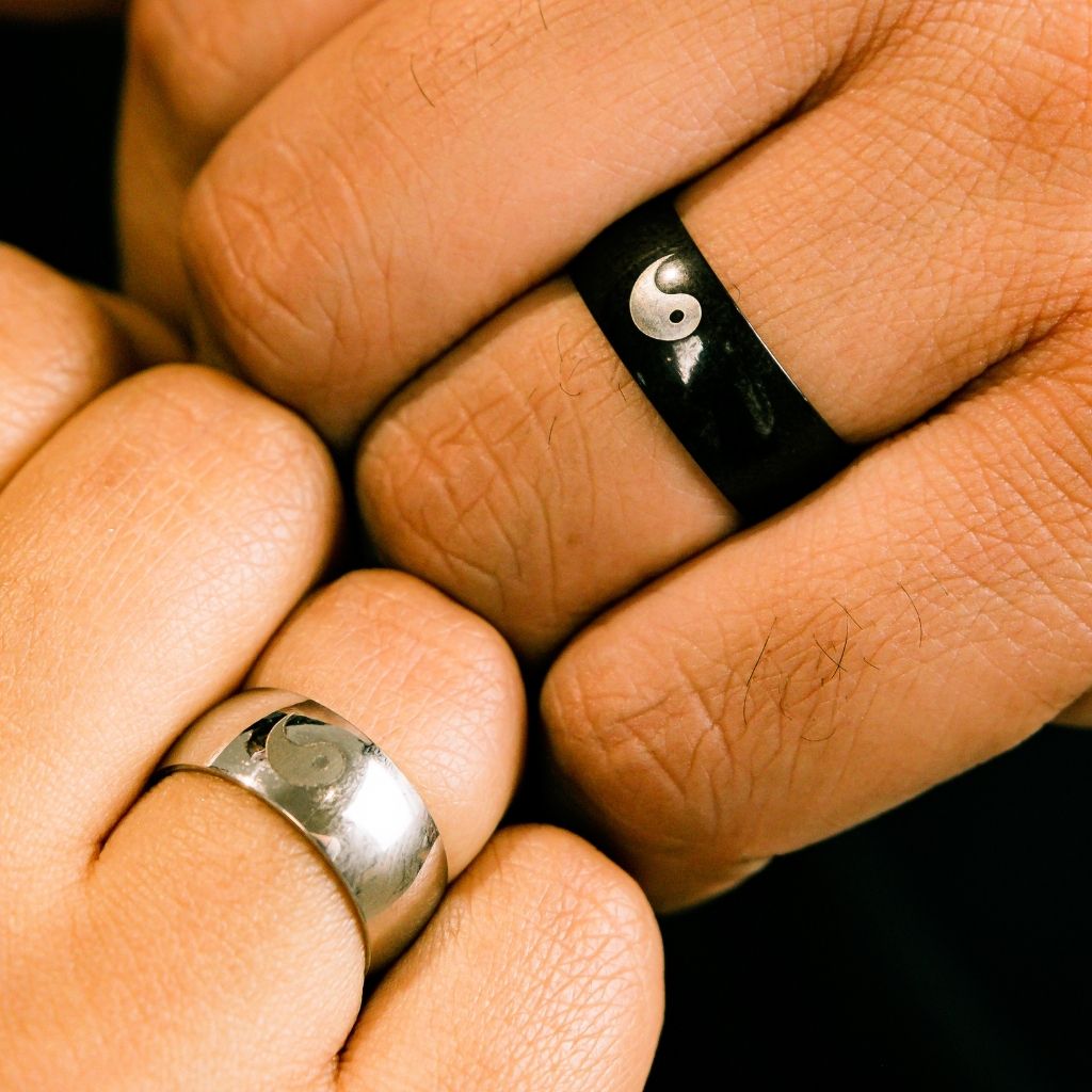 Stainless Steel Yin and Yang Matching Couple Promise Band Ring Set
