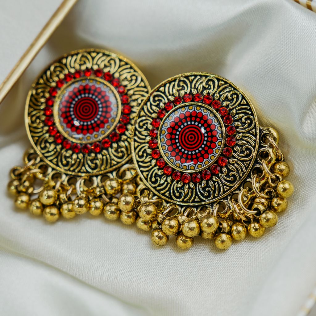 Golden Round Disc Bell Button Indian Asian Muslim Ethnic Stud Earrings