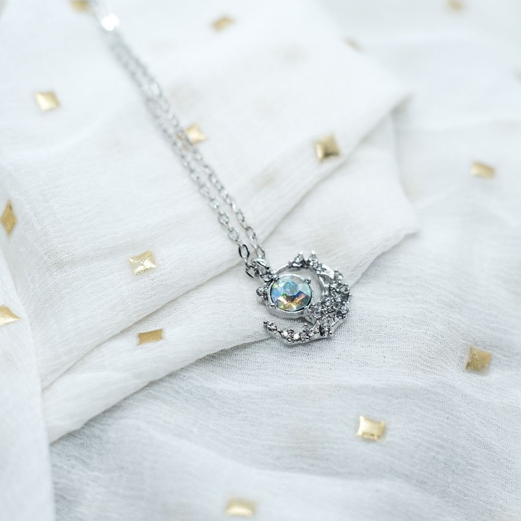Silver Rose Gold Half Moon Zircon Minimalist Pendant Necklace