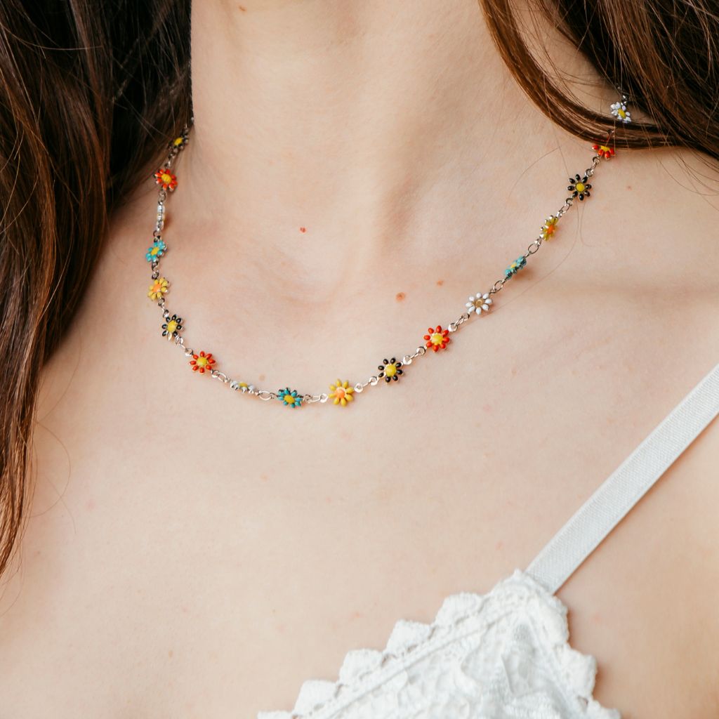Silver Colourful Daisy Sun Flower Charms Indie Summer Boho Choker Necklace — Boho Jewellery UK | The Colourful Aura