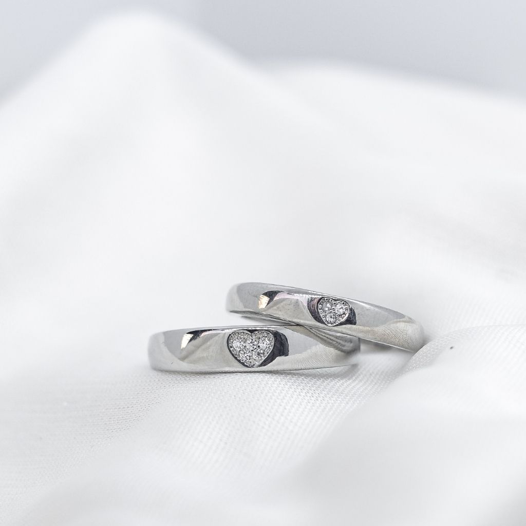 Adjustable Silver Couple Heart Zircon Promise Ring Set