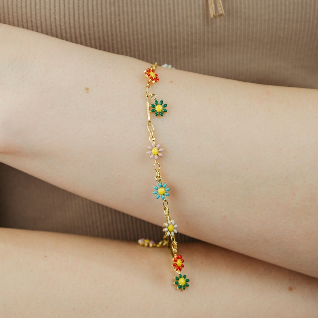 Colourful Rainbow Sun Flower Dangle Indie Boho Daisy Floral Charms Bracelet