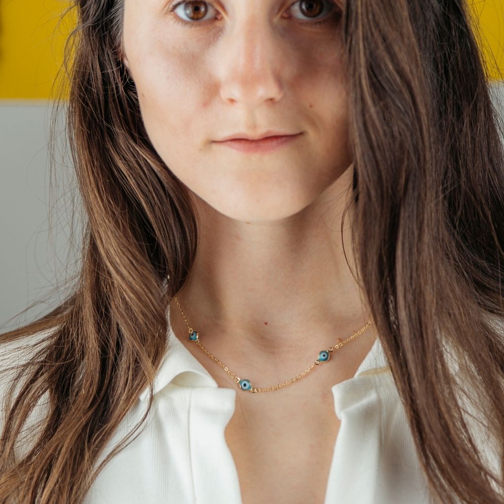 Evil Eye Gold and Silver Charm Protection Turkish Eye Blue Bead Choker Necklace (Close-up Detail) | The Colourful Aura