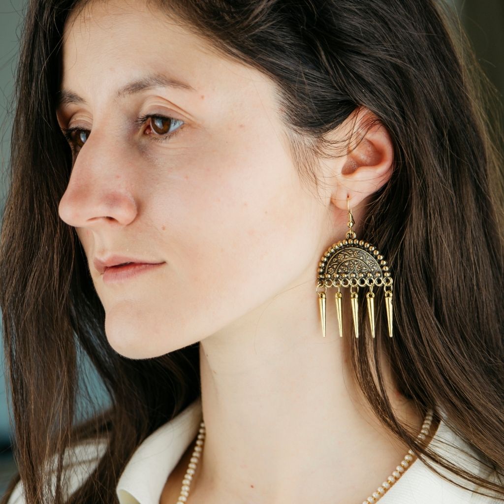 Gold Semicircular Intricate Oxidized Indian Asian Boho Drop Ethnic Tribal Jhumka