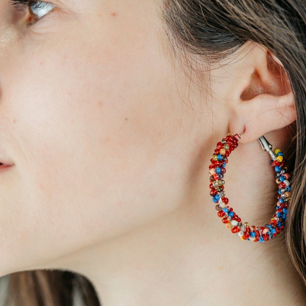 Large Multicolour Bead Braided Summer Dainty Boho Huggie Asian Hoop Earrings