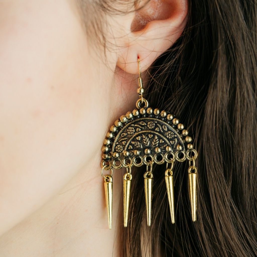 Gold Semicircular Intricate Oxidized Indian Asian Boho Drop Ethnic Tribal Jhumka