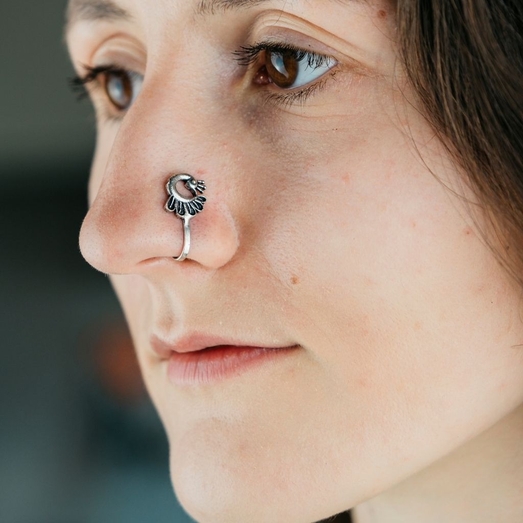 Oxidized German Silver Peacock Round Tribal Clip On Indian Animal Nose Pin — Boho Jewellery UK | The Colourful Aura
