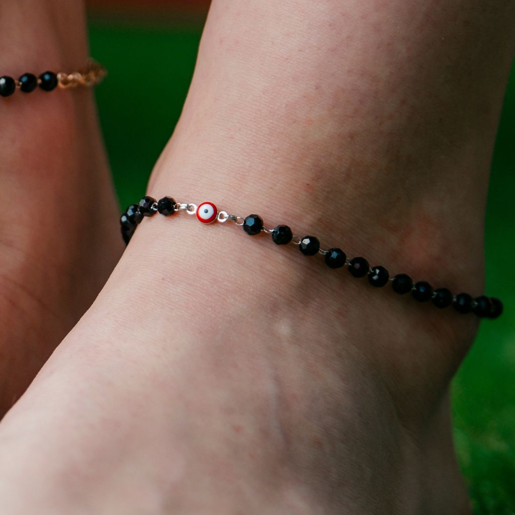 Gold Plated Black Beads Emo Evil Eye Protection Beaded Luck Eye Foot Anklet — Boho Jewellery UK | The Colourful Aura