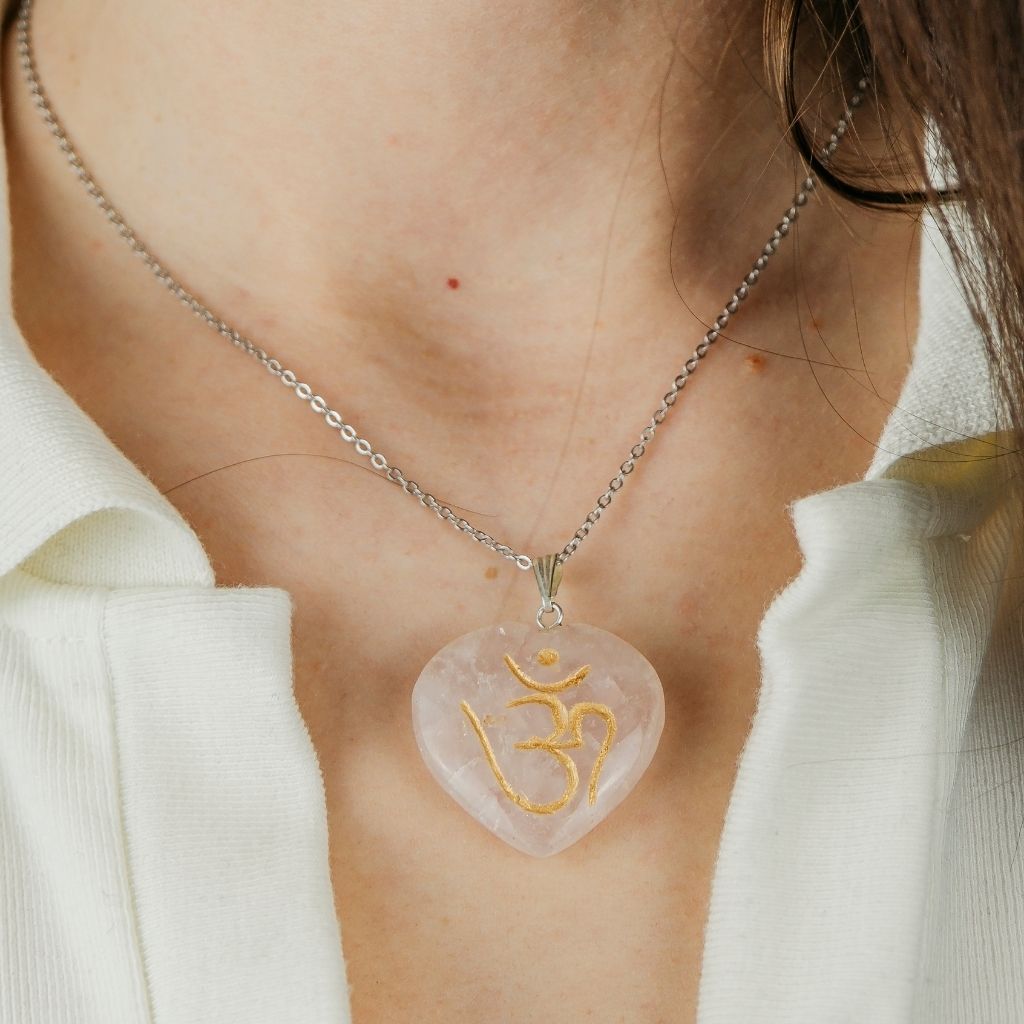 Real Rose Quartz Crystal OM Carved Heart Shape Natural Stone Pendant Necklace — Boho Jewellery UK | The Colourful Aura