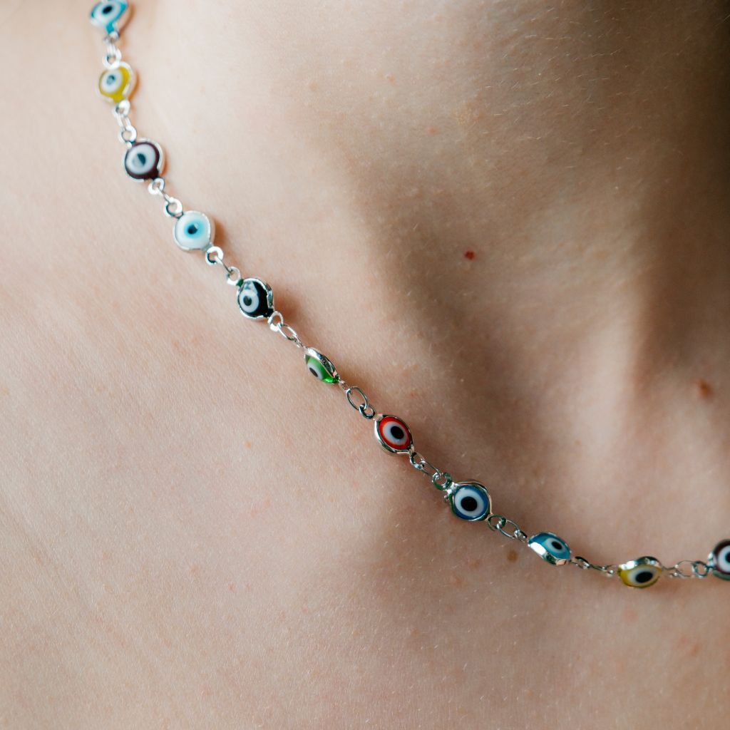 Silver Evil Eye Protection Nazaria Greek Mal De Ojo Adjustable Choker Necklace