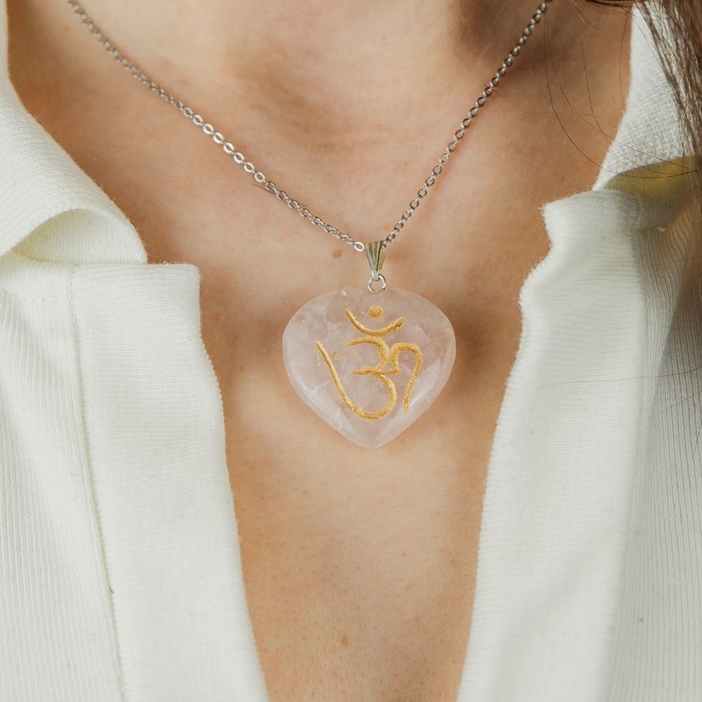 Real Rose Quartz Crystal OM Carved Heart Shape Natural Stone Pendant Necklace