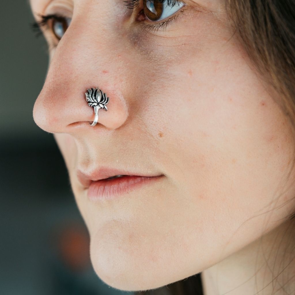 Oxidised Silver Silver Flower Nose Ring Floral Lotus Oxidised