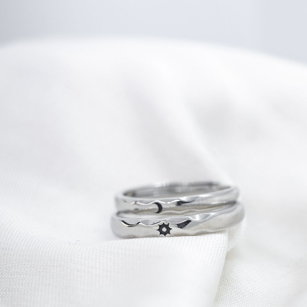 Slim Wave Couple Sun Moon Matching Promise Ring Set — Boho Jewellery UK | The Colourful Aura