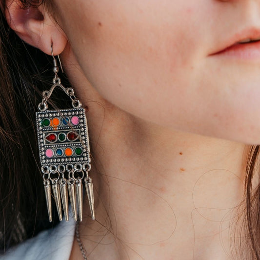 Oxidised Colourful Enamel Square Indian Boho  Drop Ethnic Asian Indian Earrings