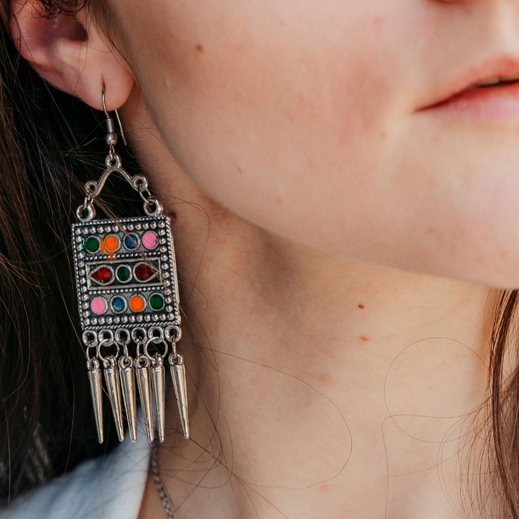 Oxidised Colourful Enamel Square Indian Boho  Drop Ethnic Asian Indian Earrings — Boho Jewellery UK | The Colourful Aura