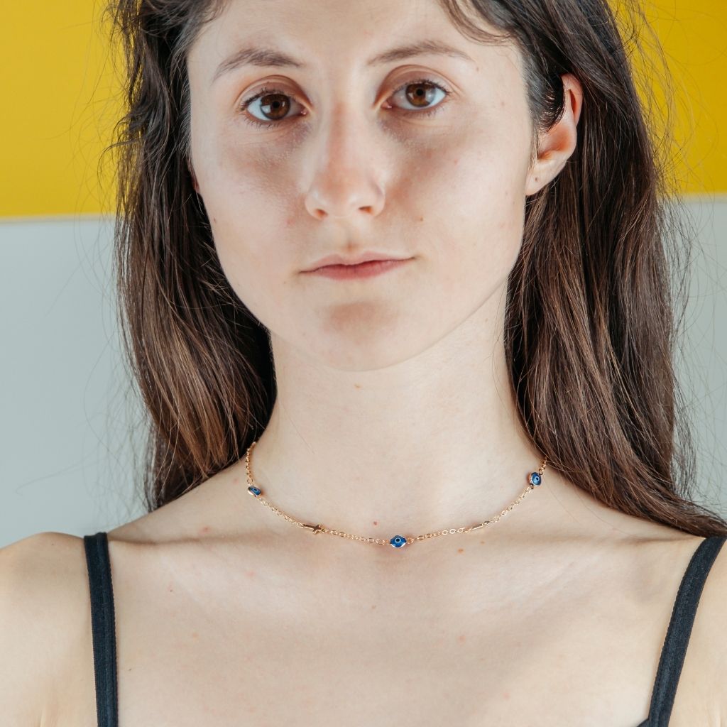 Blue Evil Eye Sideways Cross Necklace Minimalist Choker Dainty Protection Choker (Close-up Detail) | The Colourful Aura