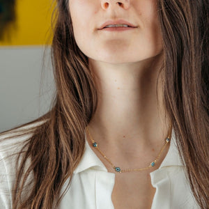 Evil Eye Gold and Silver Charm Protection Turkish Eye Blue Bead Choker Necklace (Close-up Detail) | The Colourful Aura