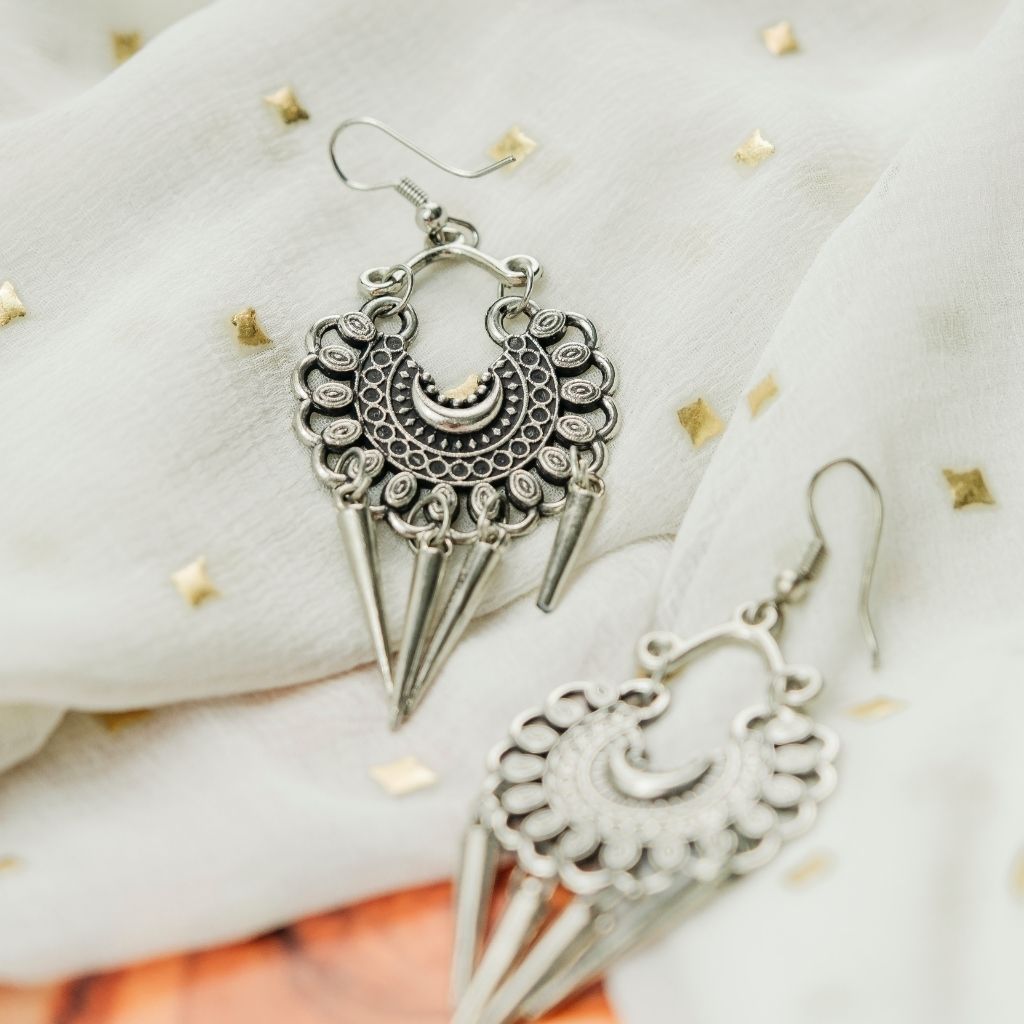 Oxidised Intricate Colourful Silver Plated Bohemian Indian Asian Drop Jhumkis
