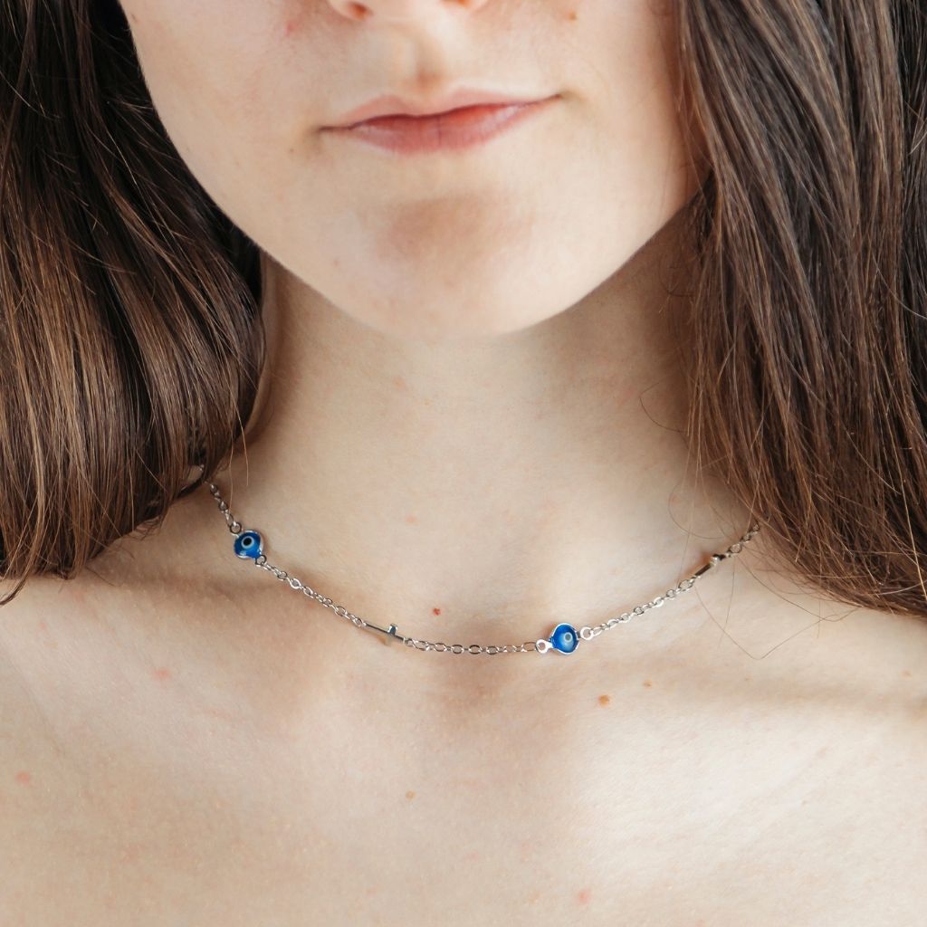Silver Blue Evil Eye Sideways Cross Necklace Minimalist Choker Dainty Protection (Close-up Detail) | The Colourful Aura
