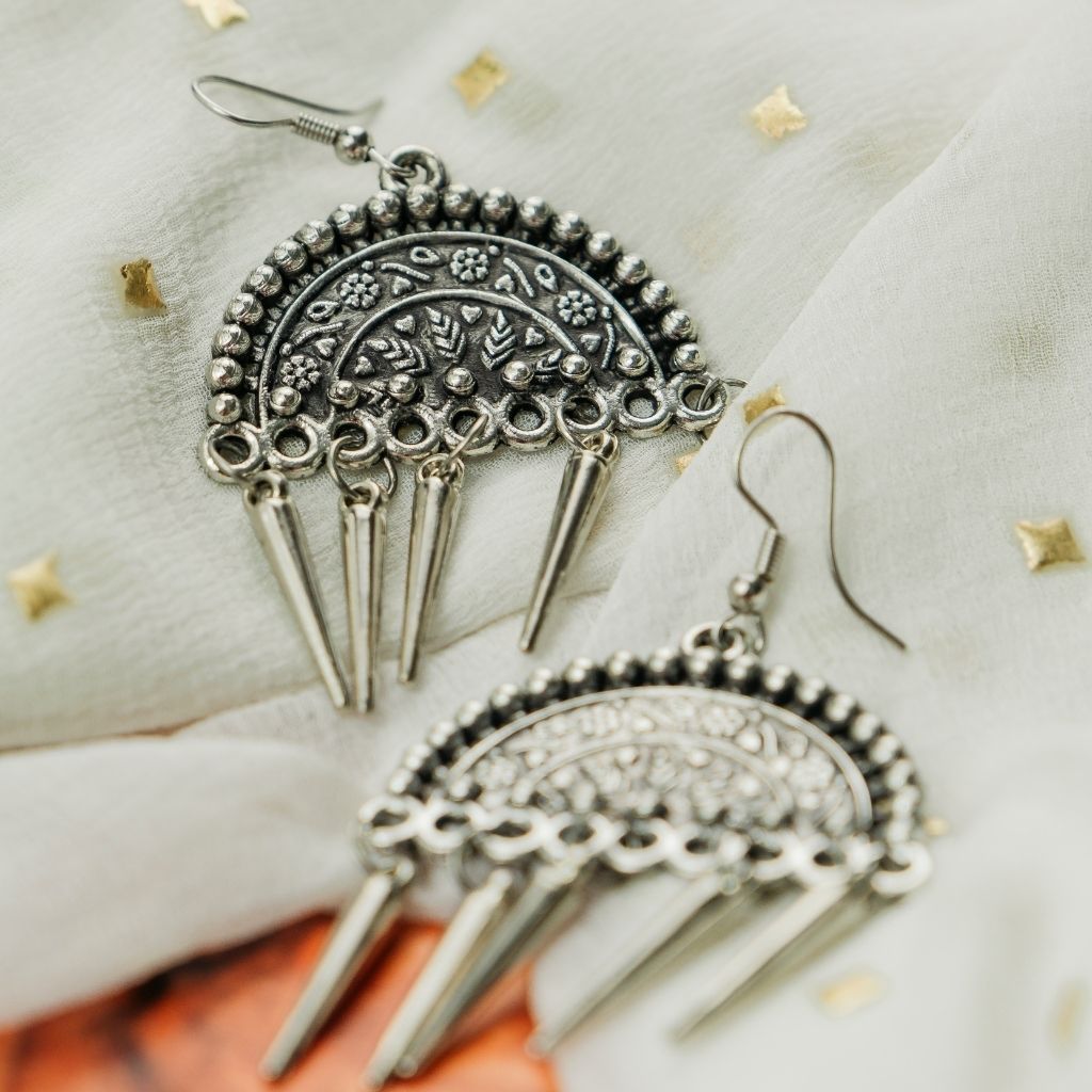 Gold Semicircular Intricate Oxidized Indian Asian Boho Drop Ethnic Tribal Jhumka
