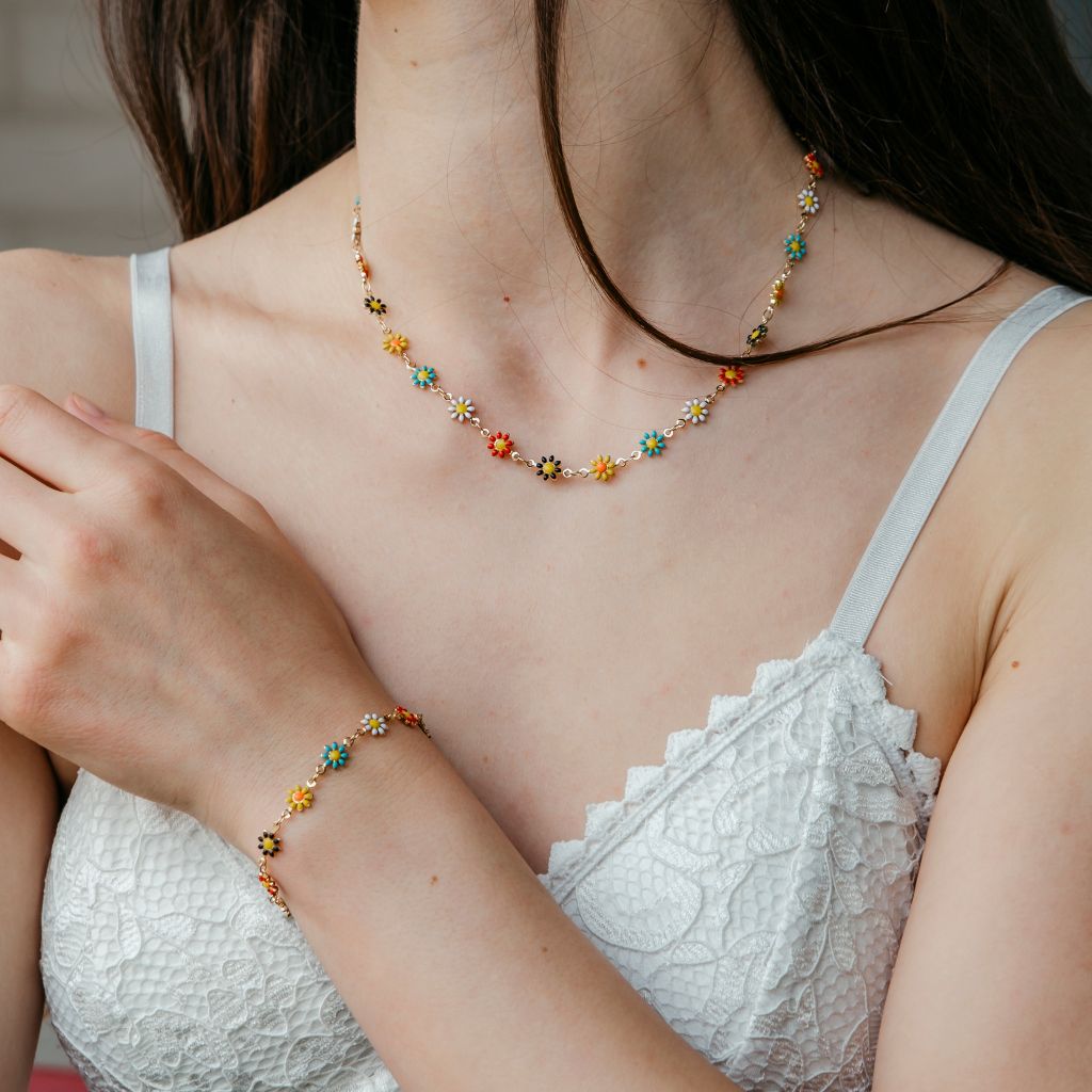 Silver Colourful Daisy Sun Flower Charms Indie Summer Boho Choker Necklace