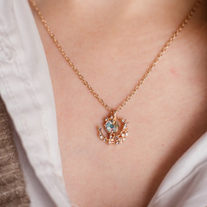 Silver Rose Gold Half Moon Zircon Minimalist Pendant Necklace (Close-up Detail) | The Colourful Aura