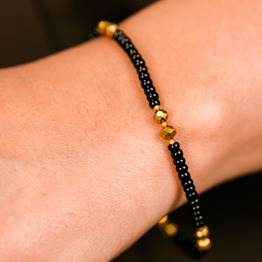 Multicolour Black Silver Beaded Indian Nazar Magalsutra Everyday Bracelet (Close-up Detail) | The Colourful Aura