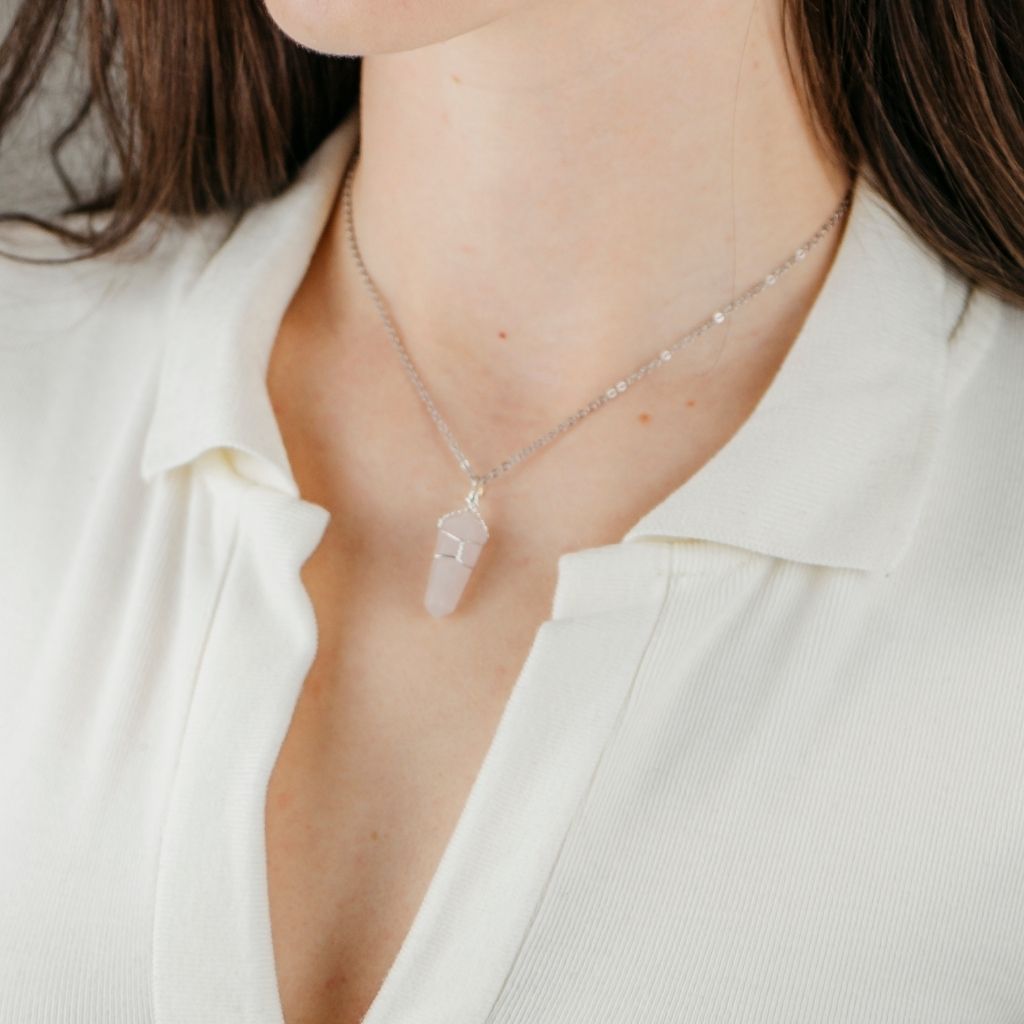 Clear Quartz Crystal Point Pillar Wire Wrapped Natural Stone Pencil Pendant Necklace
