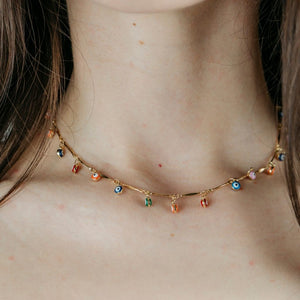 Gold Evil Eye Dainty Rainbow Dangle Devil Eye Protection Charm Adjustable (Close-up Detail) | The Colourful Aura