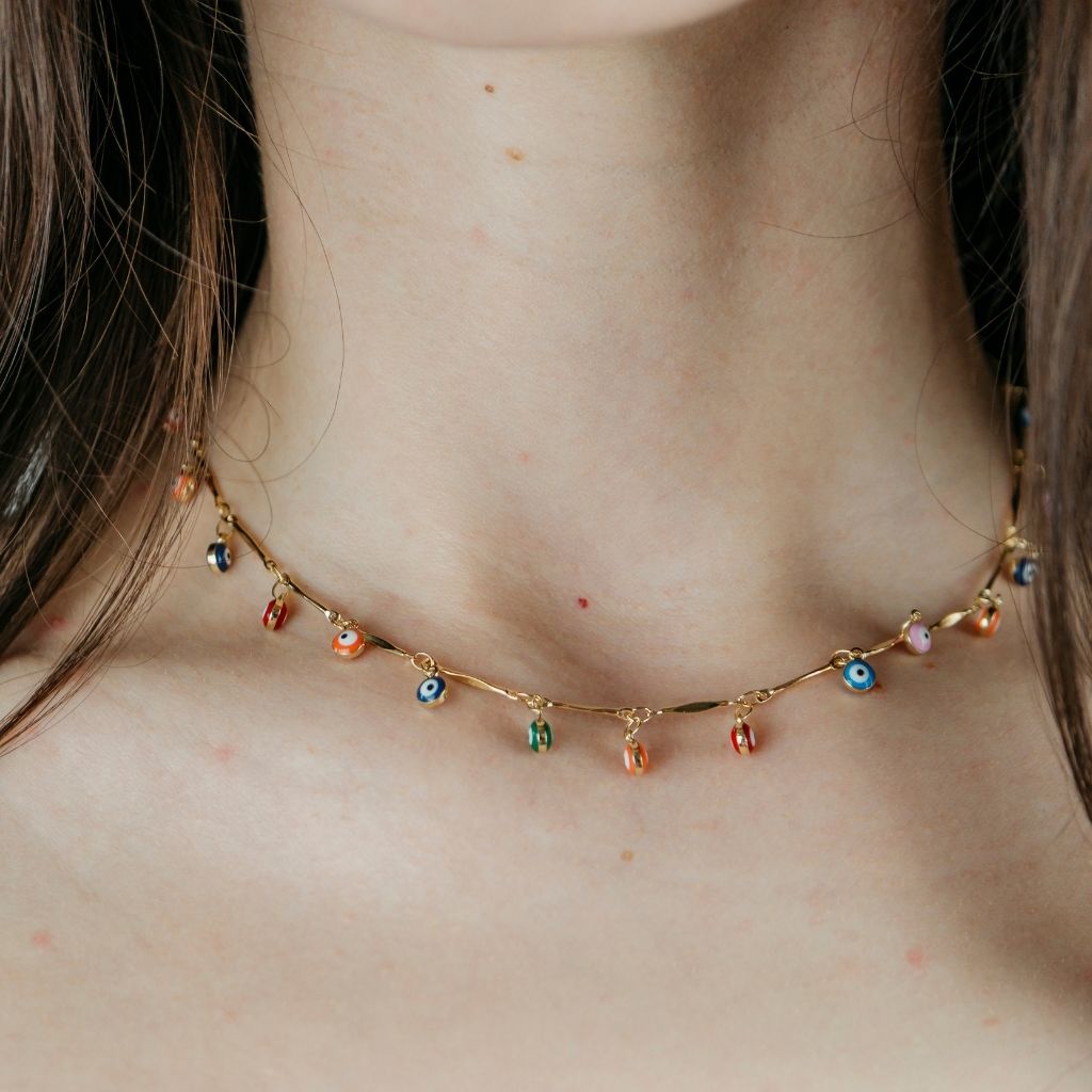 Gold Evil Eye Dainty Rainbow Dangle Devil Eye Protection Charm Adjustable (Close-up Detail) | The Colourful Aura