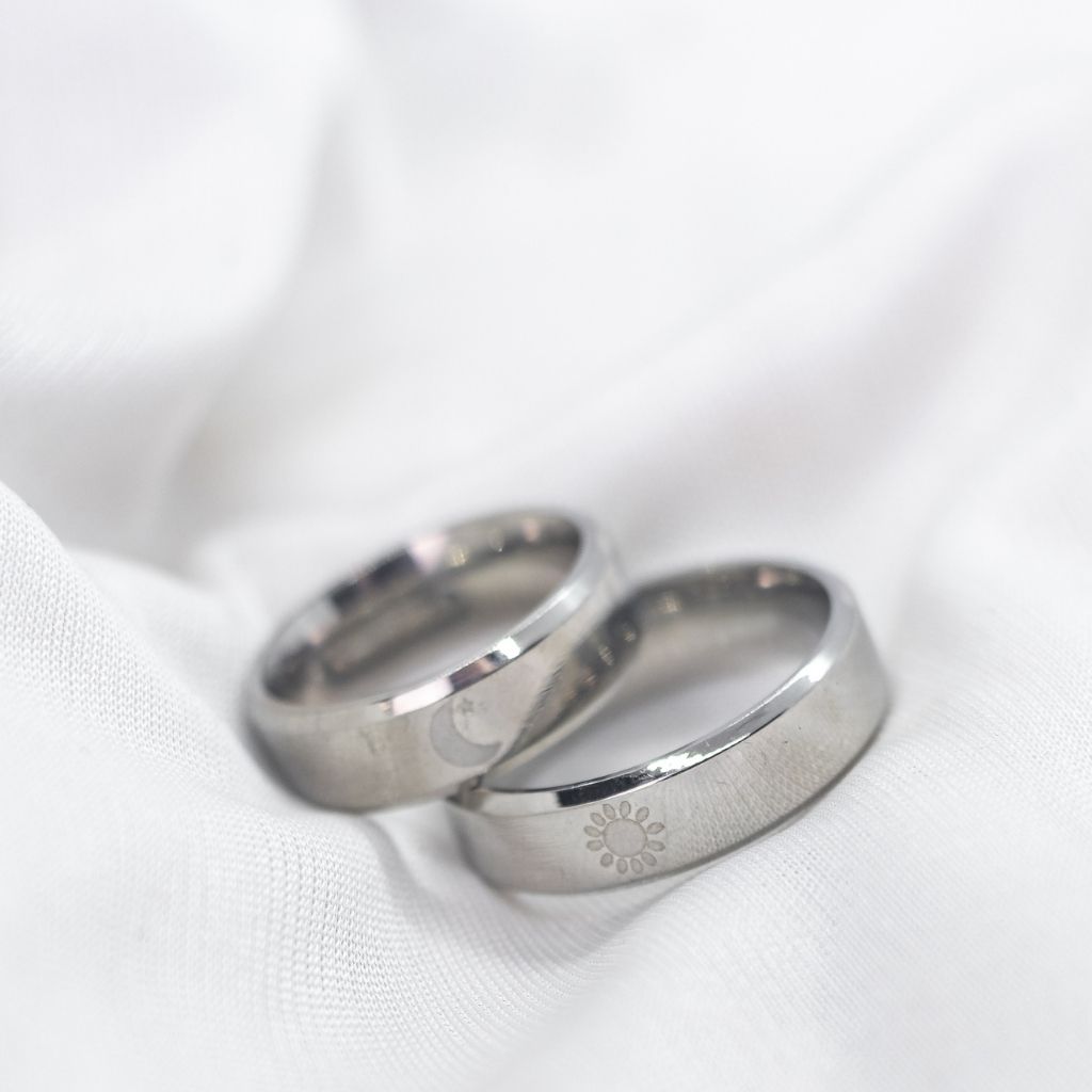 Black Band Matching Couple Moon and Sun Promise Ring set