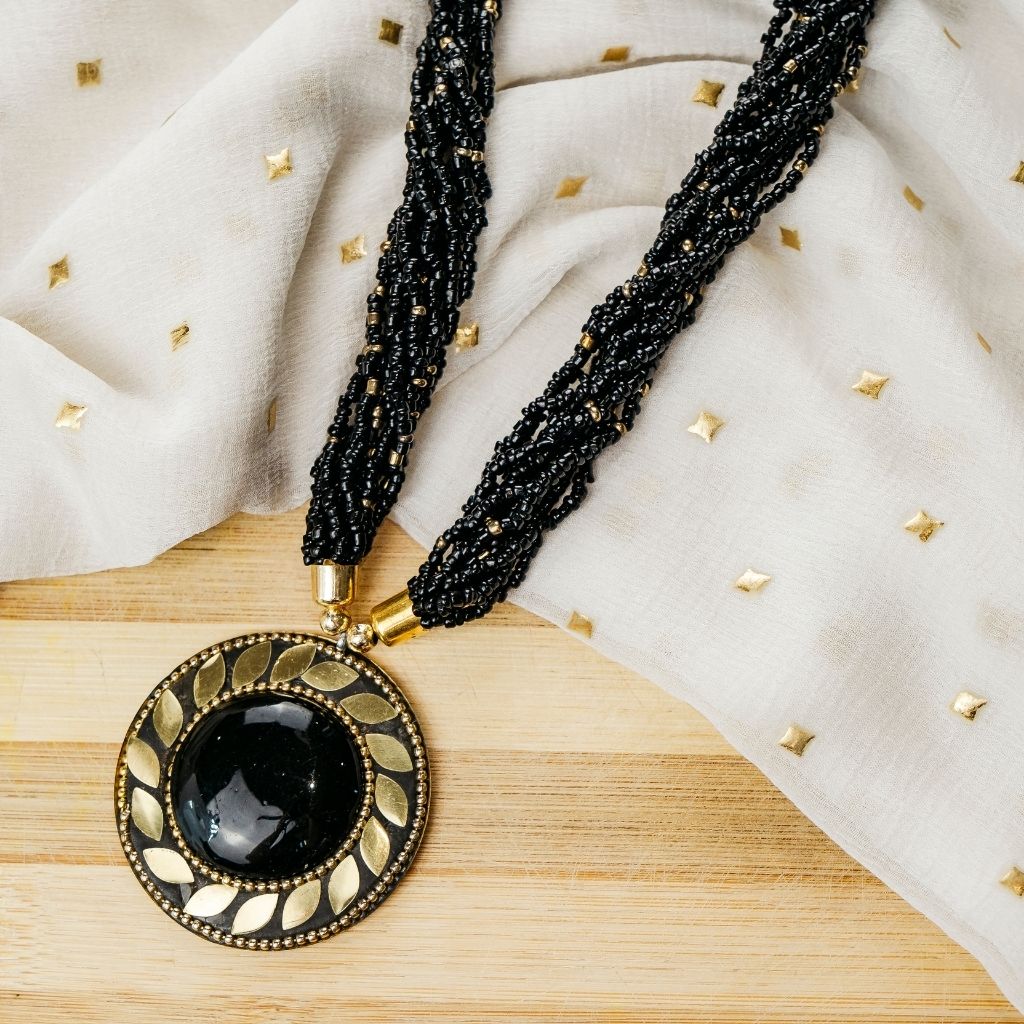 Black Multistrand Pearl Large Enamel Round Locket Statement Pendant Necklace