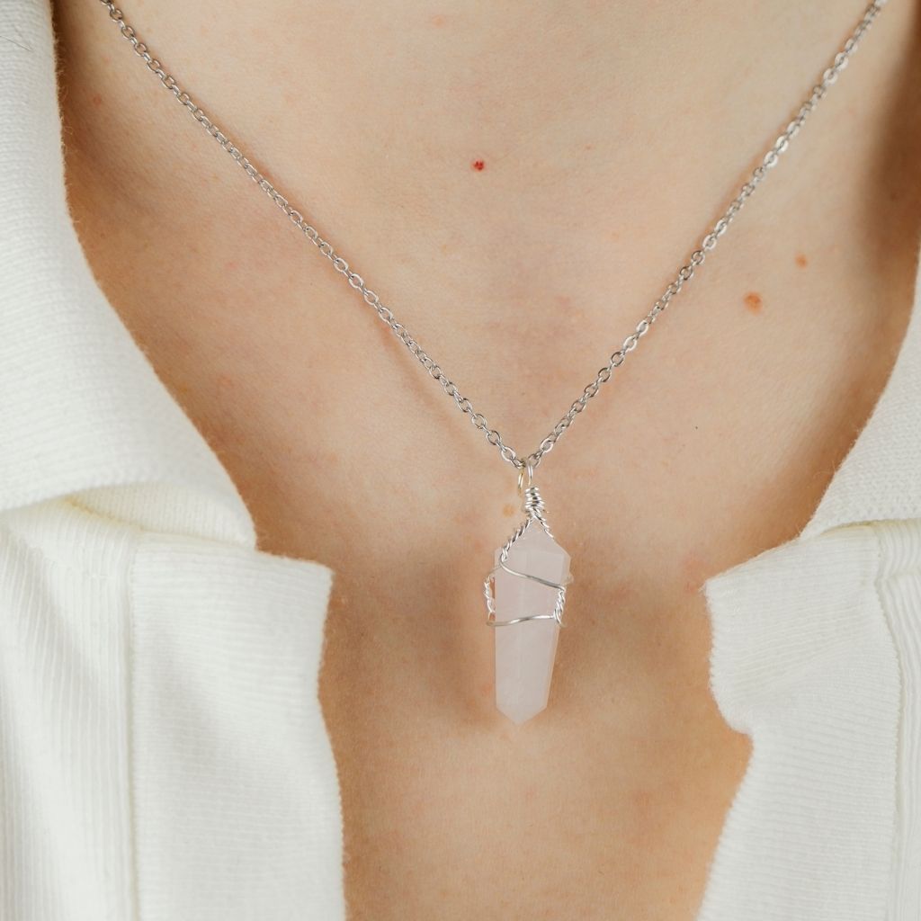 Clear Quartz Crystal Point Pillar Wire Wrapped Natural Stone Pencil Pendant Necklace
