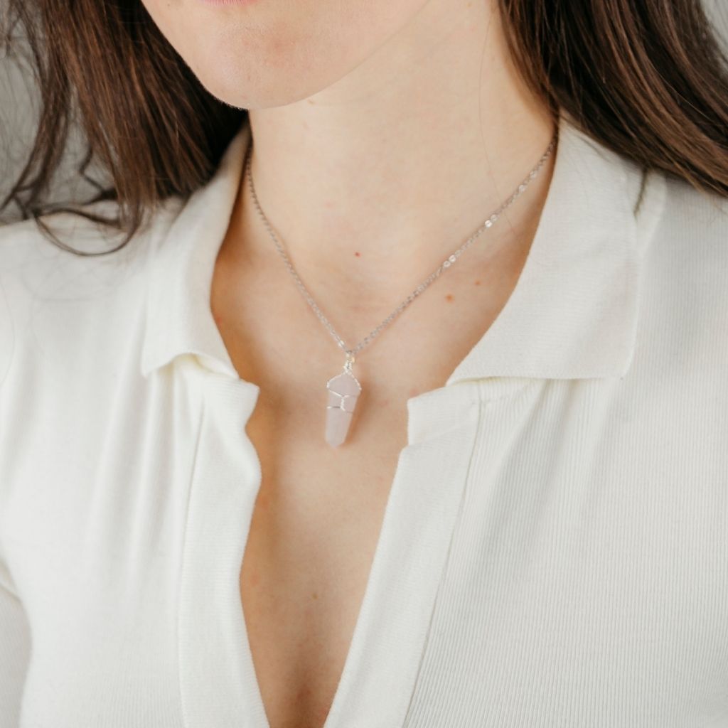 Clear Quartz Crystal Point Pillar Wire Wrapped Natural Stone Pencil Pendant Necklace