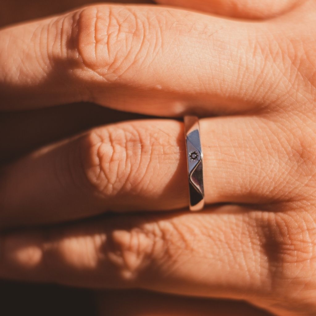 Silver Angle Cut Couple Moon and Sun Promise Adjustable Ring set