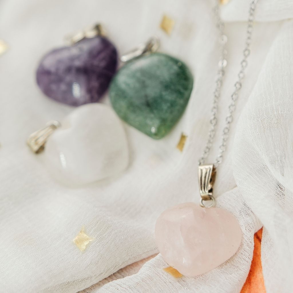 Purple Amethyst Amazonite Green Rose Quartz Heart Shape Pendant Necklace