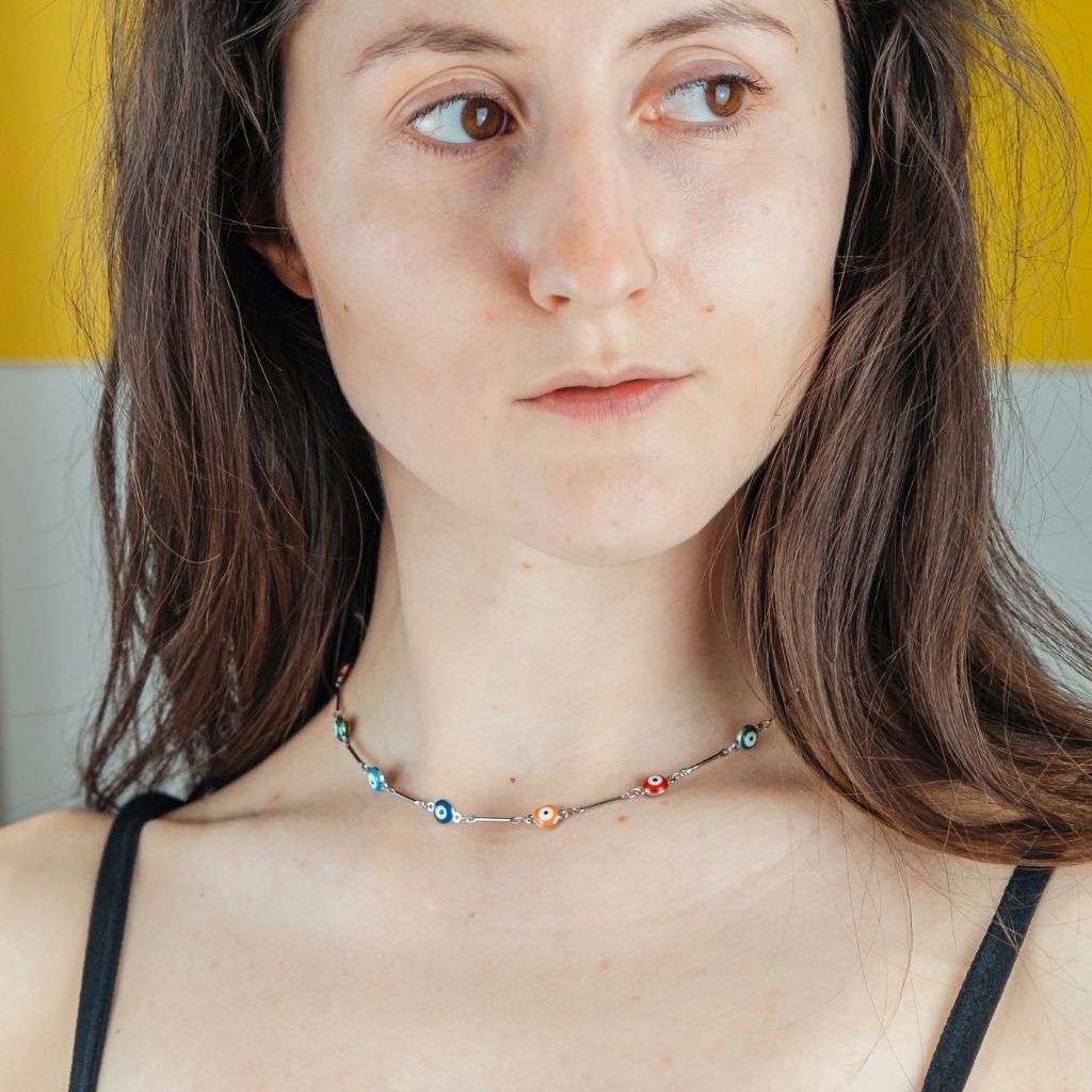 Multicolour Gold and Silver Evil Eye Charm Choker Protection Necklace