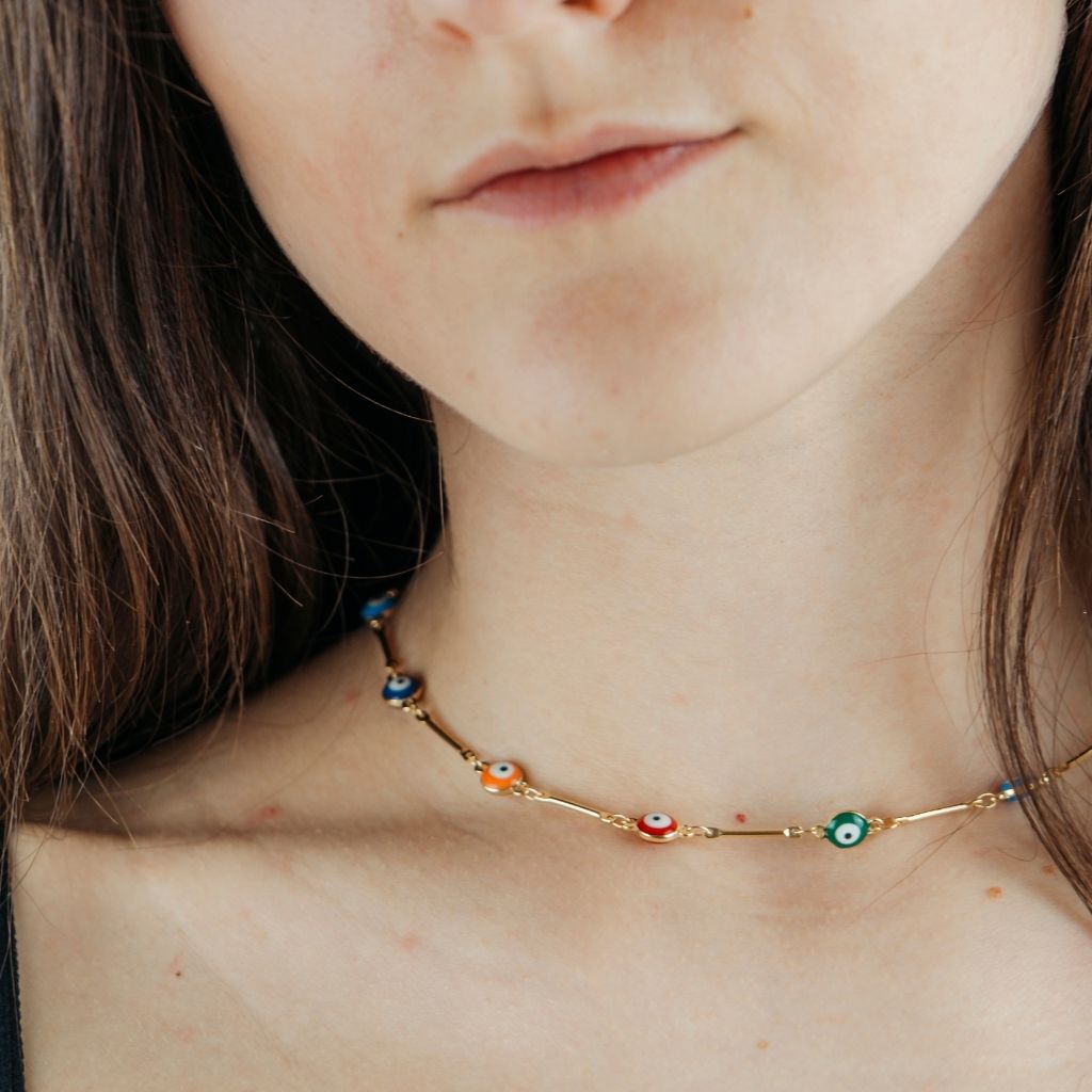 Multicolour Gold and Silver Evil Eye Charm Choker Protection Necklace