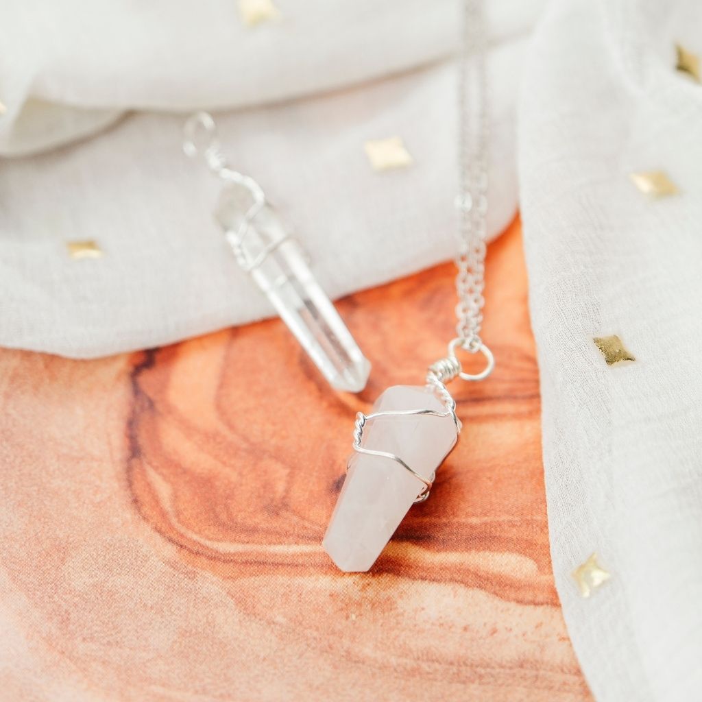 Clear Quartz Crystal Point Pillar Wire Wrapped Natural Stone Pencil Pendant Necklace