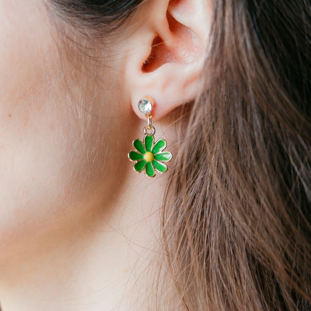 White Daisy Sun Flower Zircon Dangle Drop Summer Floral Handmade Stud Earrings