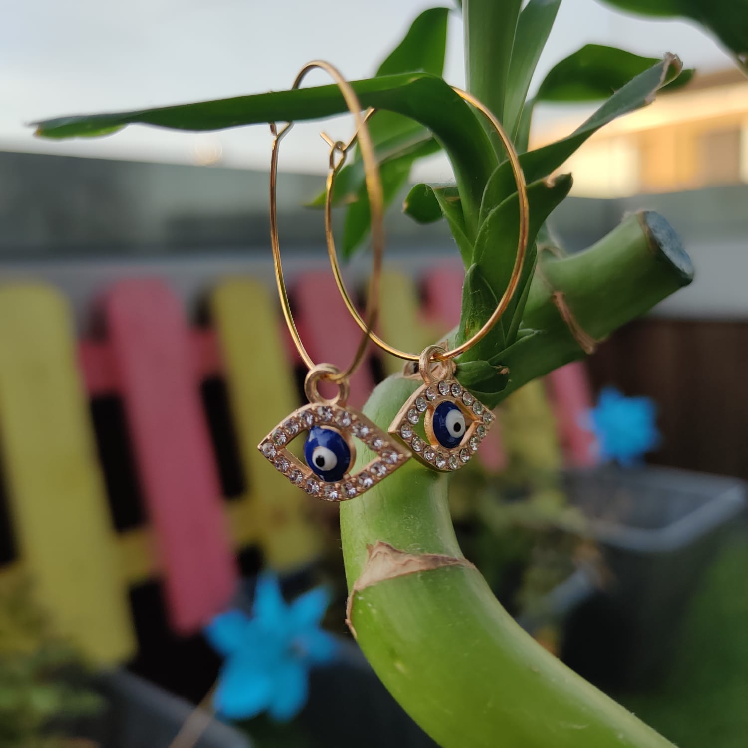 Large Evil Eye Zircon Charm Dangle Dainty 30mm Protection Hoop Earrings