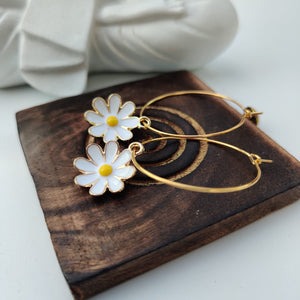 Yellow Sunflower Charm Floral Dainty Dangle Colourful Boho Hoop Earring (Close-up Detail) | The Colourful Aura