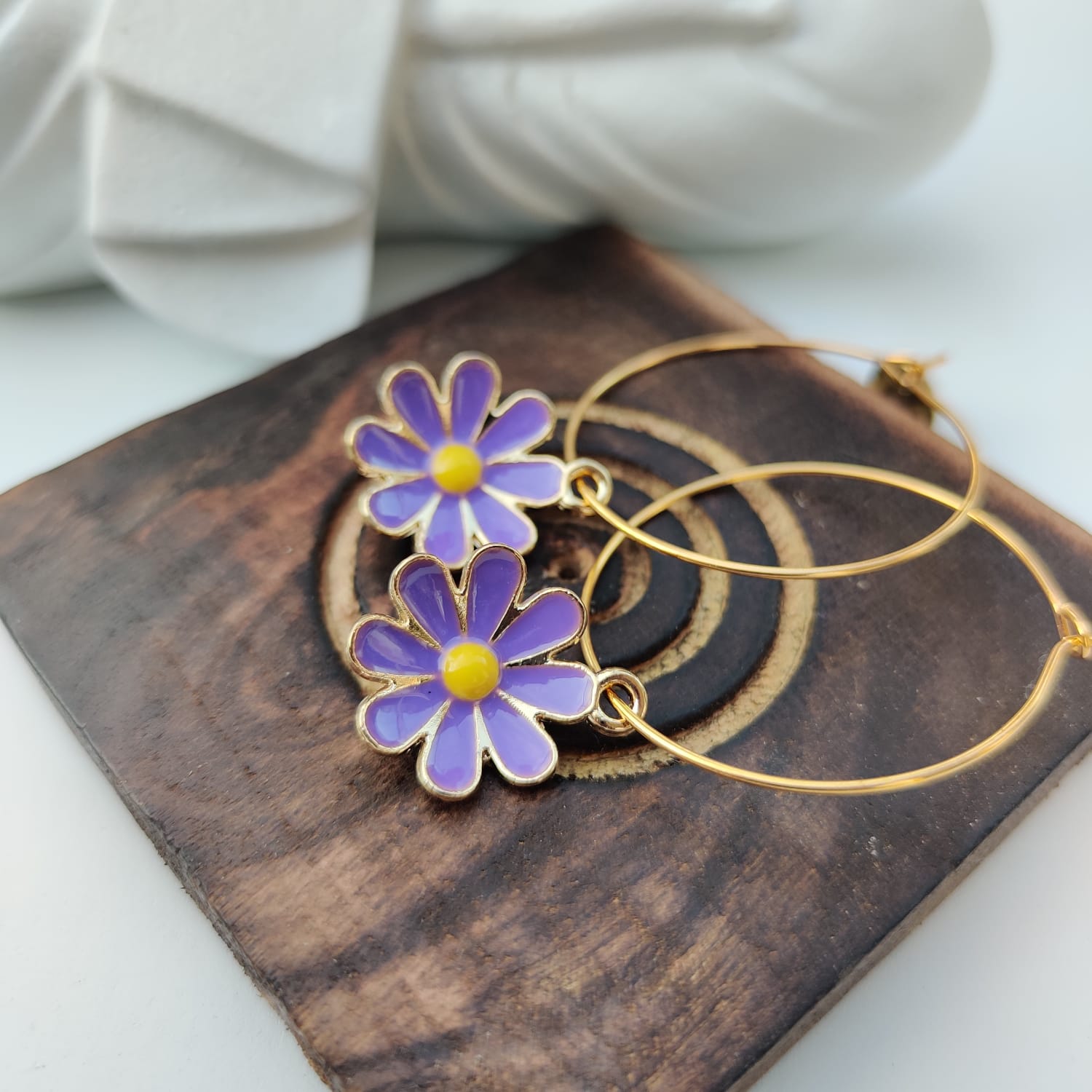 Purple Yellow Sunflower Charm Floral Dainty Dangle Colourful Boho Hoop Earring (Close-up Detail) | The Colourful Aura