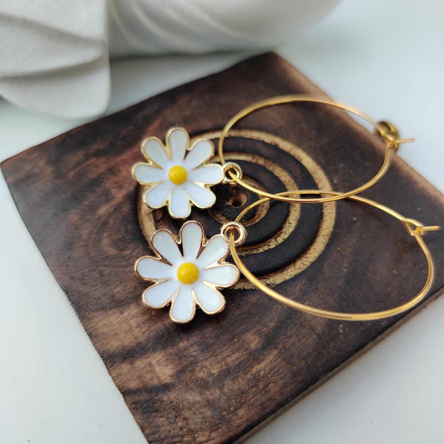 White Yellow Sunflower Charm Floral Dainty Dangle Colourful Boho Hoop Earring (Close-up Detail) | The Colourful Aura