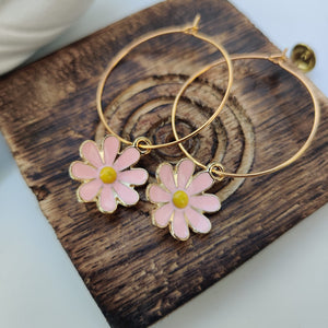 Pink Yellow Sunflower Charm Floral Dainty Dangle Colourful Boho Hoop Earring (Close-up Detail) | The Colourful Aura