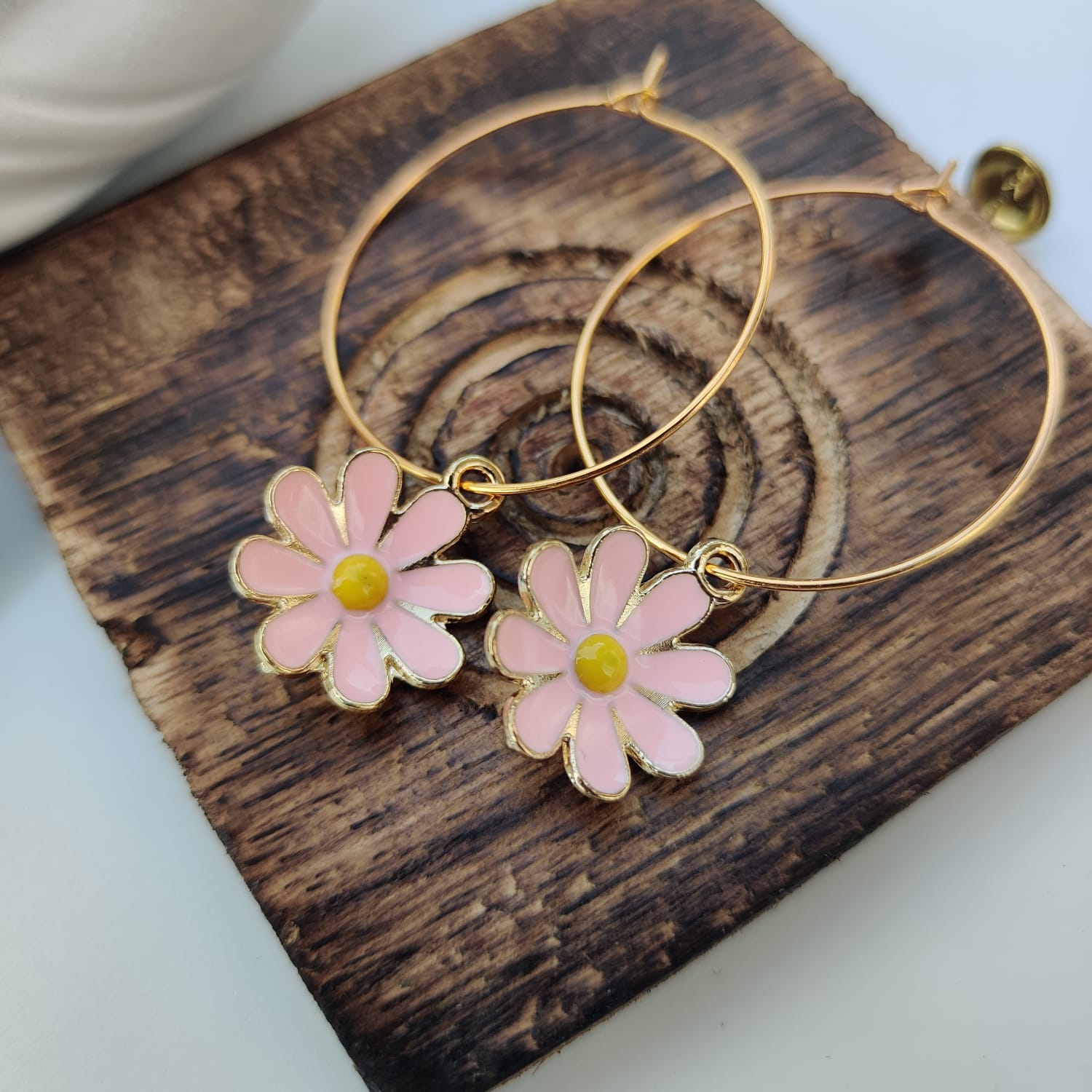 Pink Yellow Sunflower Charm Floral Dainty Dangle Colourful Boho Hoop Earring (Close-up Detail) | The Colourful Aura