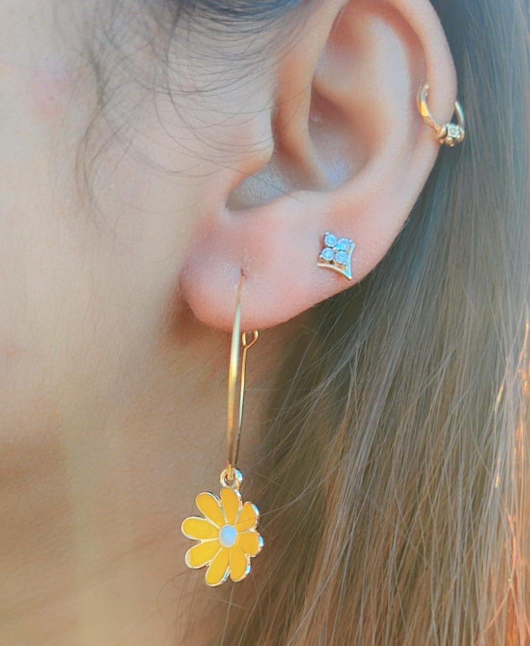 Yellow Sunflower Charm Floral Dainty Dangle Colourful Boho Hoop Earring (Close-up Detail) | The Colourful Aura