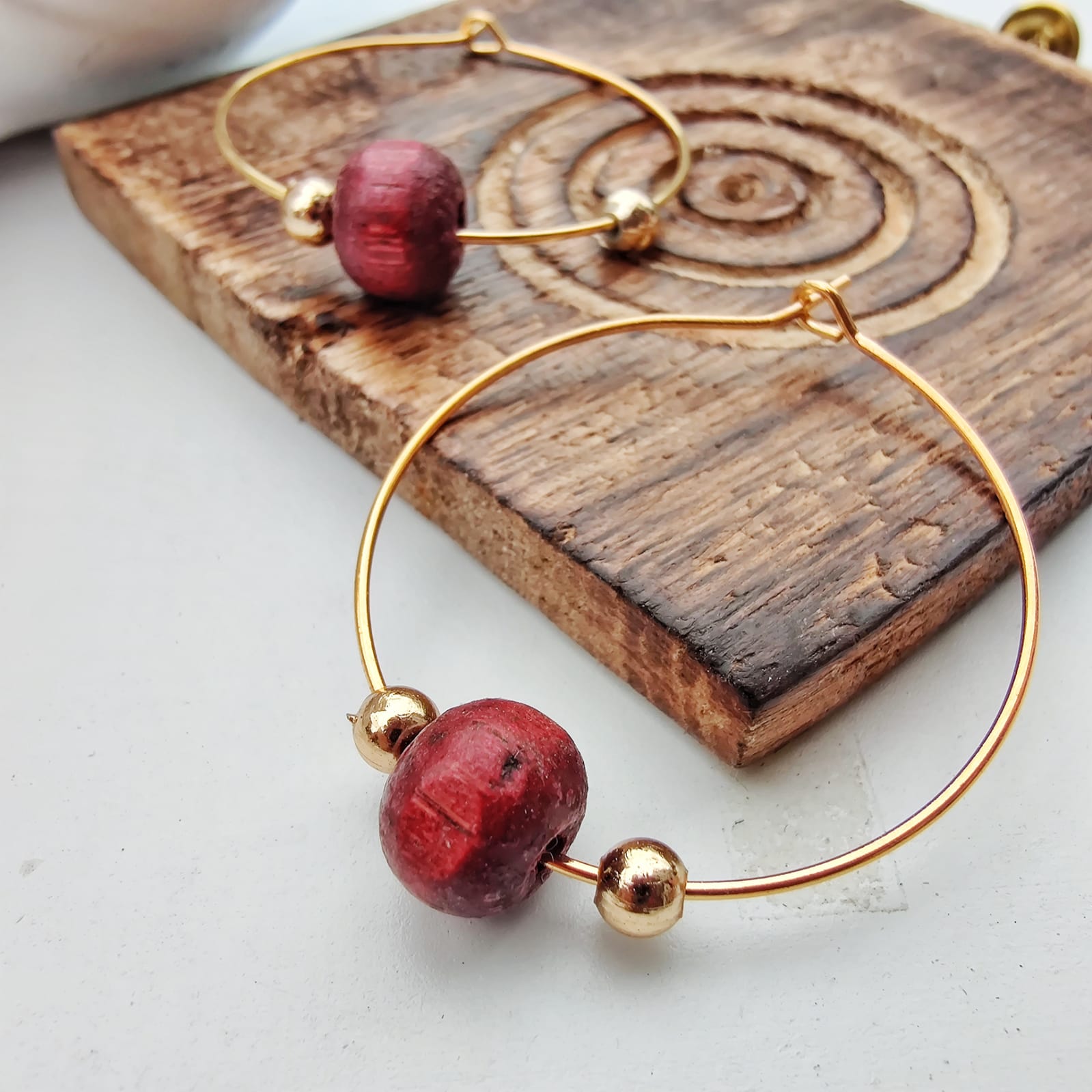 Red Sandalwood Beaded Minimalist Dangle Asian Ethnic Boho Hoop Earrings